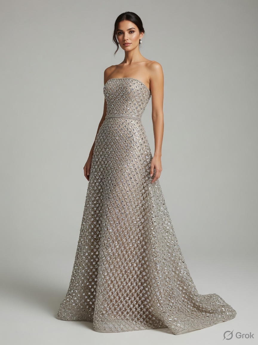 Silver crystal mesh as an evening gown