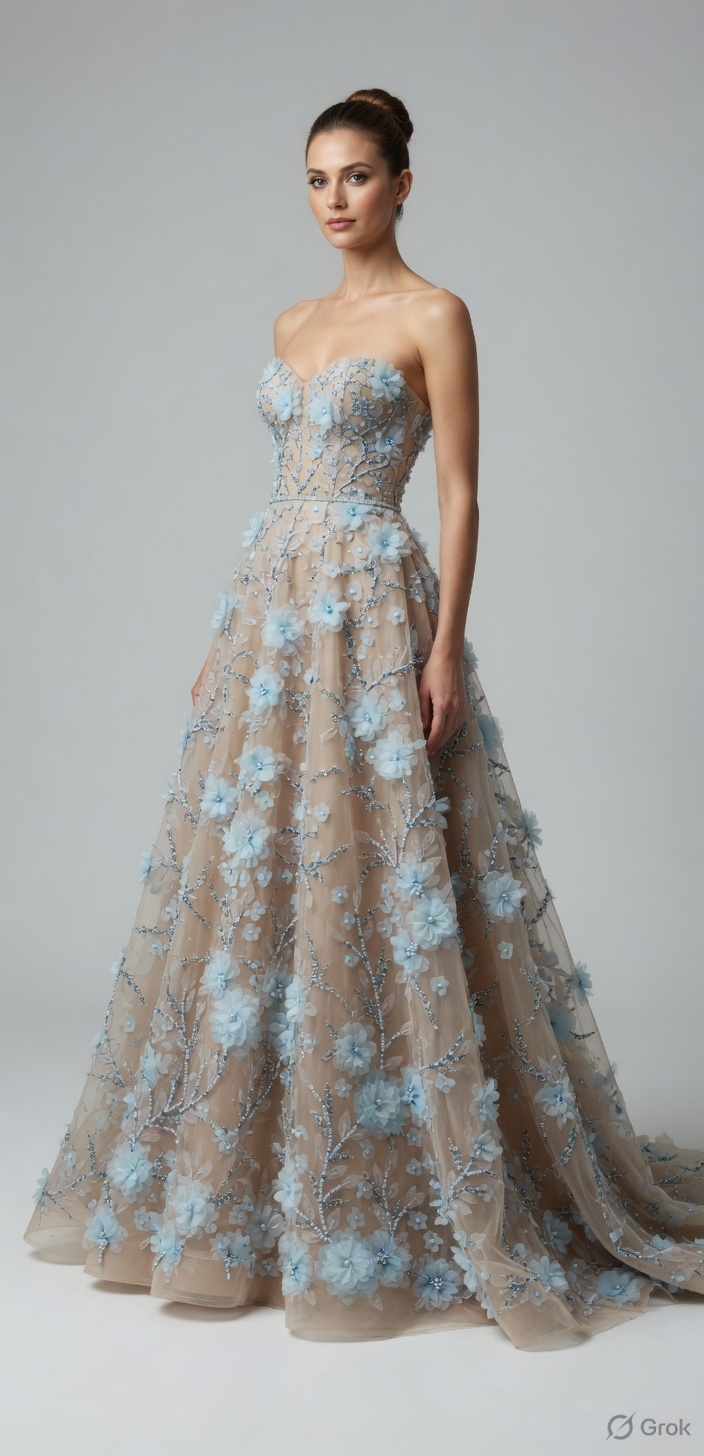 Ice-blue floral as a ball gown