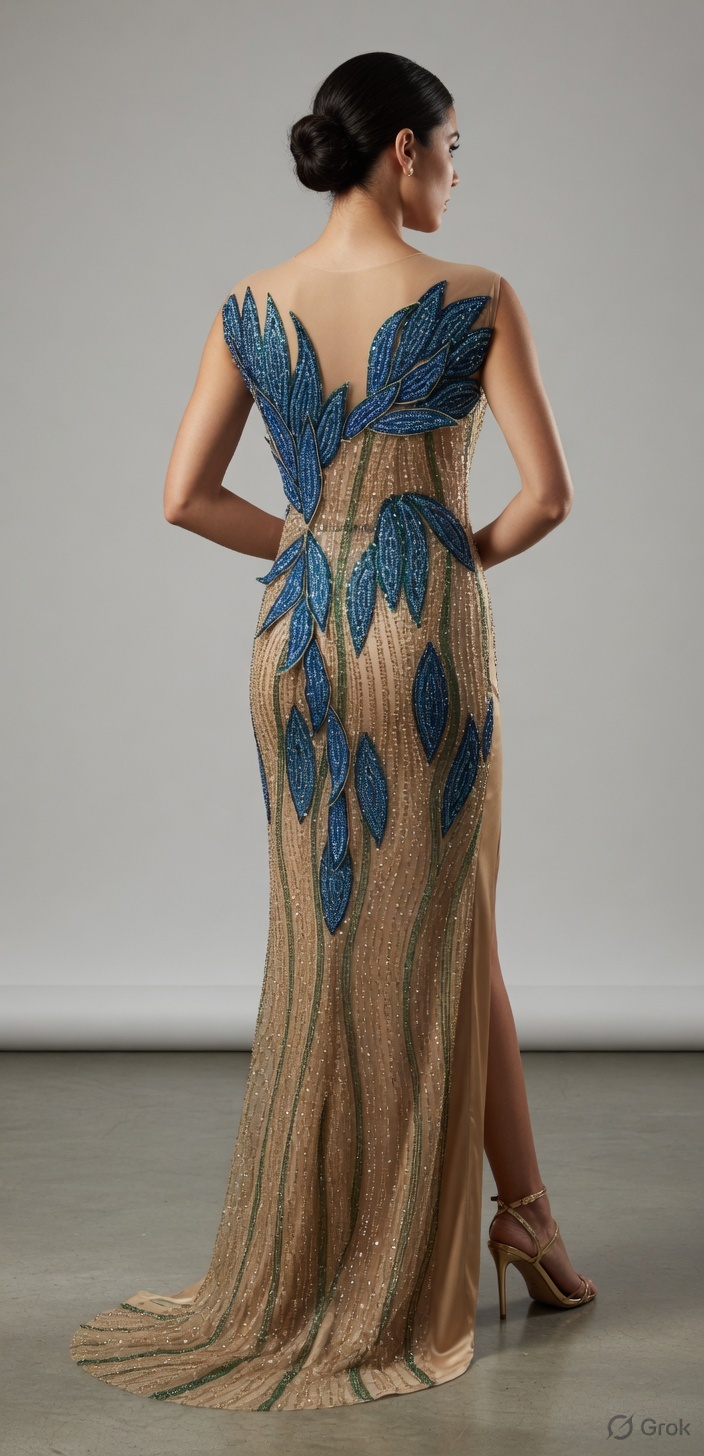 Blue leaf panel as a party dress
