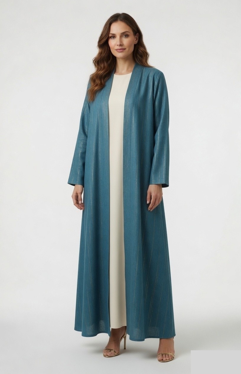 Gold-stripe linen as an abaya